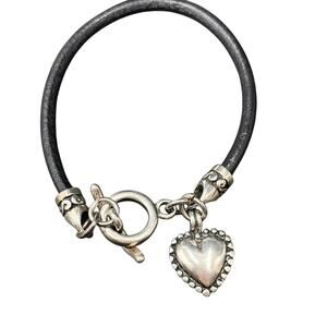 Mexico 925 Sterling Silver Black Leather Toggle Closure Heart‎ Charm Bracelet 8”
